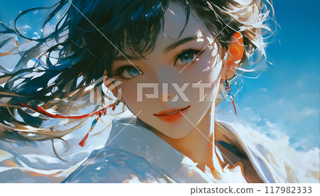 「人工智慧生成的圖像」是一位穿著日式服裝、長髮隨風飄揚、藍眼睛的美麗女子，微笑著看著我們。 117982333