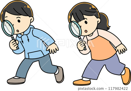 Children observing with a magnifying glass 117982422