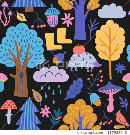 Cute colorful modern seamless pattern with autumn forest elements. Cute colorful modern seamless pattern with autumn forest elements. 117982640
