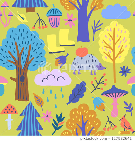 Cute colorful modern seamless pattern with autumn forest elements. 117982641