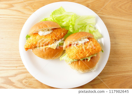 Fish burger and shrimp cutlet burger 117982645
