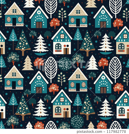 beautiful houses on a blue background. seamless pattern 117982778