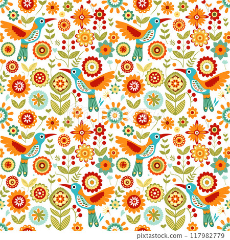 birds in bright summer colors on a white background. seamless pattern 117982779