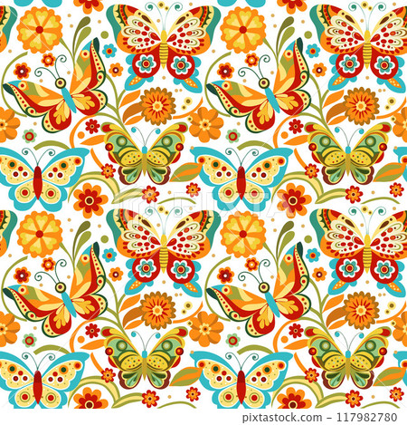summer bright butterflies on a white background, soaring in the sky, seamless pattern 117982780