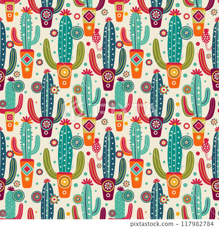 blue and cyan cacti in bright pots on a white background. seamless pattern blue and cyan cacti in bright pots on a white background. seamless pattern 117982784