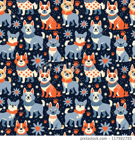 cute dogs on a blue background. seamless pattern 117982785