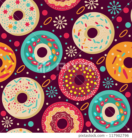 colored ponics with sprinkles on a dark background. seamless pattern colored ponics with sprinkles on a dark background. seamless pattern 117982796