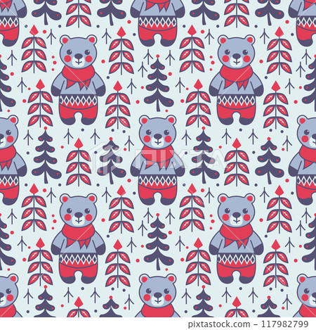 blue bear with Christmas trees. seamless pattern 117982799