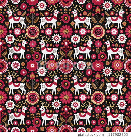 white deer in an ornament with red flowers. seamless pattern 117982803