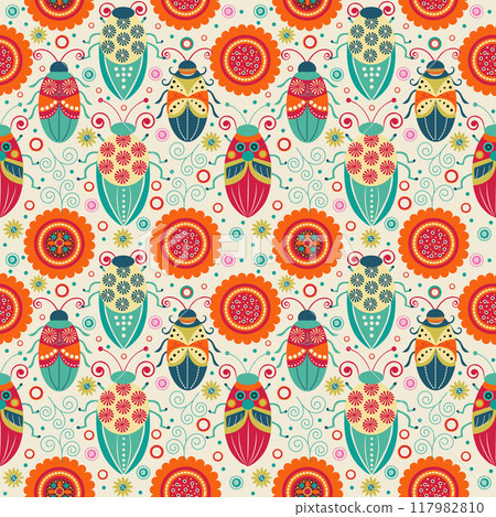 bright beetles on a light background in flowers. seamless pattern bright beetles on a light background in flowers. seamless pattern 117982810