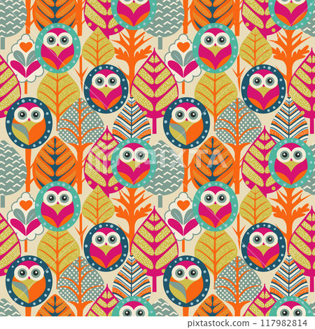 cute bright owls in a fairy forest. seamless pattern cute bright owls in a fairy forest. seamless pattern 117982814