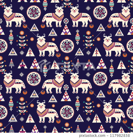 White deer in northern ornaments on a blue background. seamless pattern 117982838