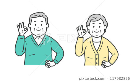 Illustration of an upper body of a chubby elderly man and woman making an OK pose and putting their hands on their hips 117982856