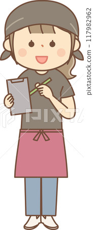 Full body of a woman in a restaurant taking an order Full body of a woman in a restaurant taking an order 117982962