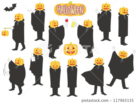 Halloween cloaked pumpkin with various poses, no lines 117983135