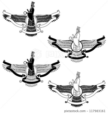 Zoroastrian winged solar disk with ribbon Zoroastrian winged solar disk with ribbon 117983161