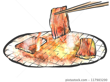 Hand-drawn brush-style illustration of grilled meat with chopsticks Hand-drawn brush-style illustration of grilled meat with chopsticks 117983200