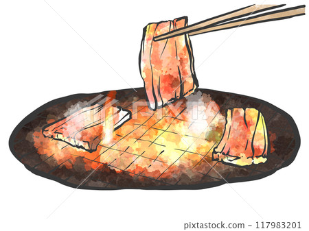 Hand-drawn brush-style illustration of grilled meat with chopsticks 117983201
