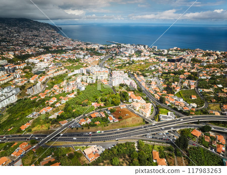 Aerial drone view of Funchal town, Madeira, Portugal 117983263