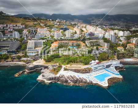 Aerial view of hotels on coast. Funchal, Madeira, Portugal 117983283
