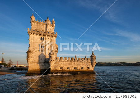 Belem Tower on the bank of the Tagus River on sunset. Lisbon, Portugal 117983302