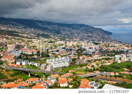 Aerial drone view of Funchal town, Madeira, Portugal Aerial drone view of Funchal town, Madeira, Portugal 117983307