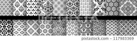 Geometric floral set of seamless patterns. White and black vector backgrounds. Damask graphic ornaments. Geometric floral set of seamless patterns. White and black vector backgrounds. Damask graphic ornaments. 117983369