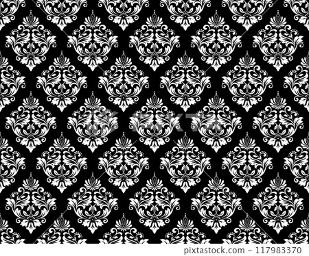 Wallpaper in the style of Baroque. Seamless vector background. White and black floral ornament. Graphic pattern for fabric, wallpaper, packaging. Ornate Damask flower ornament. Wallpaper in the style of Baroque. Seamless vector background. White and black floral ornament. Graphic pattern for fabric, wallpaper, packaging. Ornate Damask flower ornament. 117983370