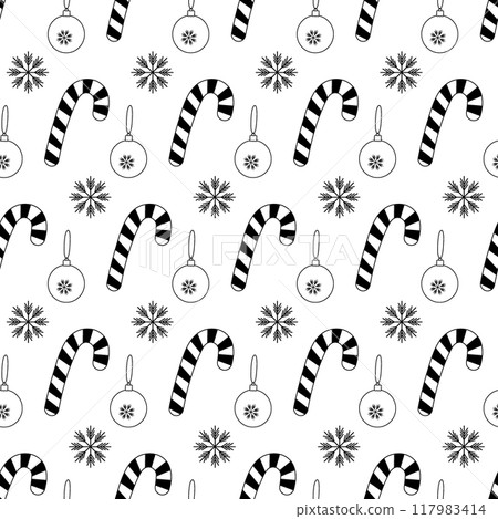 Candy Cane, snowflake and Christmas toy Seamless pattern Black and white isolated Seamless Pattern 117983414