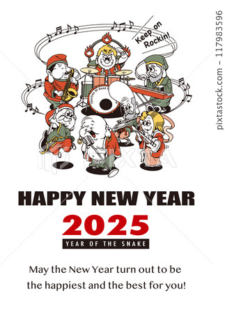 2025年新年賀卡模板《七福神樂隊》新年快樂帶英文註釋 2025年新年賀卡模板《七福神樂隊》新年快樂帶英文註釋 117983596