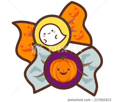 Two candies in cute wrappers (illustrations of ghosts, jack-o'-lanterns, and bats) 117983823