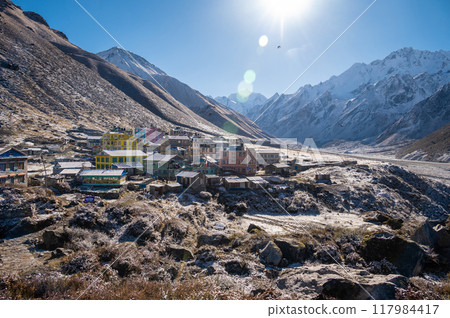 Beautiful view of Kyanjin Gompa the end of the Langtang Valley Trek in Nepal. 117984417