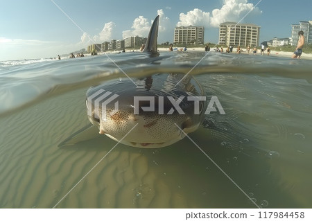 Shark fin on the background of the beach. A sea predator plans to attack people on the beach. Shark fin on the background of the beach. A sea predator plans to attack people on the beach. 117984458