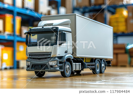 Truck with empty white empty space for marketing advertising template driving through a city. 117984484