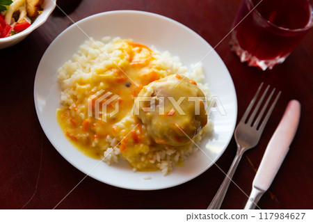 Meatball tefteli with rice and sauce Meatball tefteli with rice and sauce 117984627