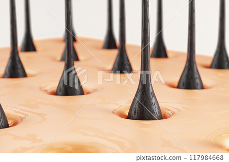 3d damaged hair, dry scalp skin with follicles for micro diagnosis and treatment render background. Thinning, brittle and hair loss concept. Dermatology and trichology mockup banner. 3D illustration 117984668