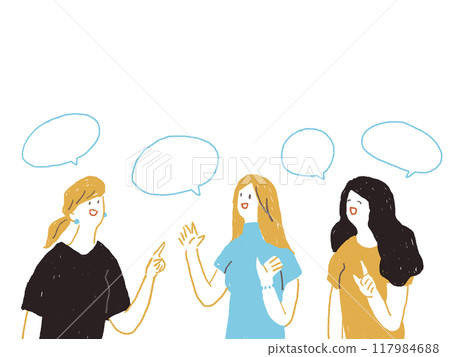 Three young women having a conversation, with speech bubbles Three young women having a conversation, with speech bubbles 117984688
