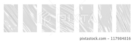 3d transparent wrapping film pieces, plastic bag texture isolated render icon set. Rectangle stretch cellophane mockup, overlay effect of clear polyethylene pack for food in tray. 3D illustration 117984816