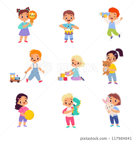 Kids Toys with Little Boy and Girl Playing Vector Set 117984841