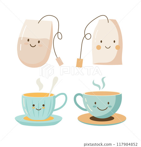 Collection of Cute Tea Bag Character with Hot Drink in Cup Collection of Cute Tea Bag Character with Hot Drink in Cup 117984852