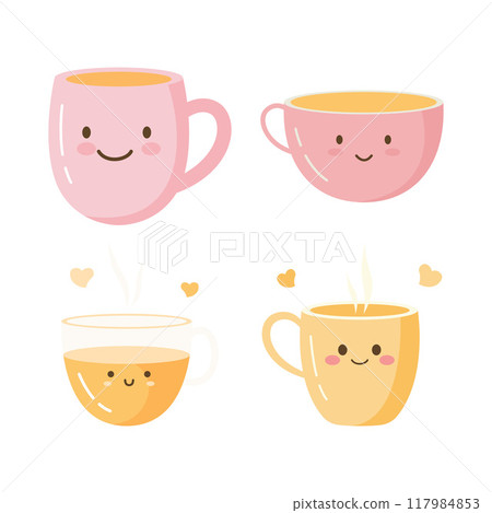 Collection of Cute Tea Coffee Drink Character in Pastel Cup Mug with Love Collection of Cute Tea Coffee Drink Character in Pastel Cup Mug with Love 117984853