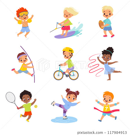 Kids Sport with Girl and Boy Character Enjoy Sportive Activity Vector Set 117984913