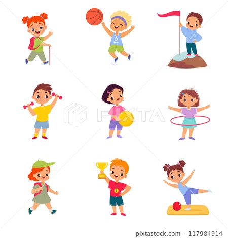 Kids Sport with Girl and Boy Character Enjoy Sportive Activity Vector Set Kids Sport with Girl and Boy Character Enjoy Sportive Activity Vector Set 117984914