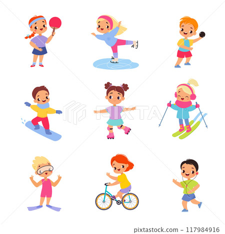 Kids Sport with Girl and Boy Character Enjoy Sportive Activity Vector Set Kids Sport with Girl and Boy Character Enjoy Sportive Activity Vector Set 117984916