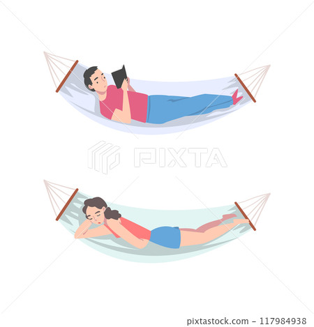 Male and Female Lying in Hammock Reading Book and Sleeping Having Rest Vector Set 117984938