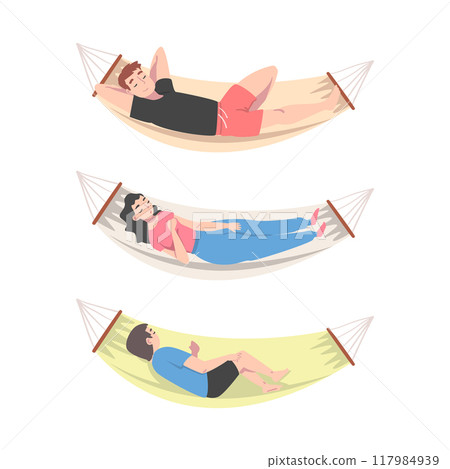 Male and Female Lying in Hammock and Sleeping Having Rest Vector Illustration Set 117984939