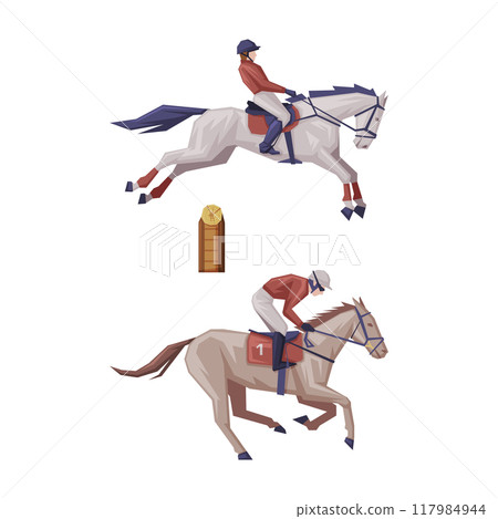 Man Riding Horse Sitting on Horseback in Saddle Vector Set Man Riding Horse Sitting on Horseback in Saddle Vector Set 117984944