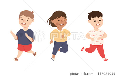 Excited Little Boy and Girl Jumping with Joy Expressing Happiness Vector Set 117984955