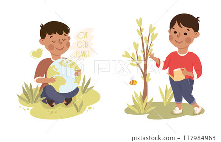 Little Boy with Globe on Green Grass and Watering Tree Sapling Caring About Nature and Planet Vector Set Little Boy with Globe on Green Grass and Watering Tree Sapling Caring About Nature and Planet Vector Set 117984963