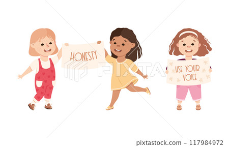 Kind and Fair Little Girl Holding Placard for Honesty and Voting Vector Set 117984972